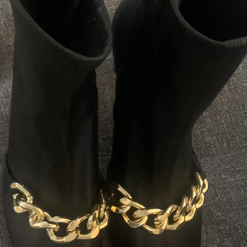 Zara Black Gold Chain Heel Ankle Boots SZ 42 /US 11 - Picture 4 of 6